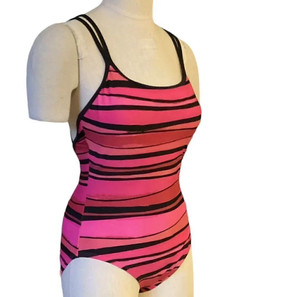 Speedo Striped One-Piece Swimsuit Cross Strap‎ Girls Sz 10 Pink Red Black #170J